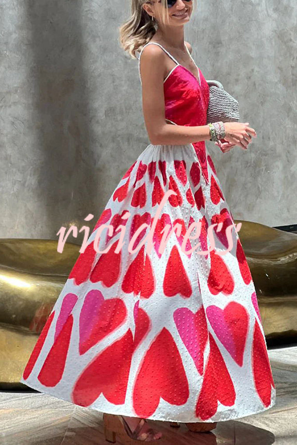 Full of Love Heart Shape Print Cutout Spaghetti Strap Backless Maxi Dress