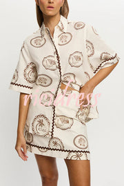 Resort Style Print Lapel Short Sleeve Shirt and Casual Mini Skirt Set