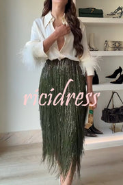 Party Crasher Layered Sequined Tassels High Rise Back Zipper Midi Skirt