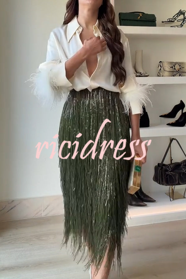 Party Crasher Layered Sequined Tassels High Rise Back Zipper Midi Skirt