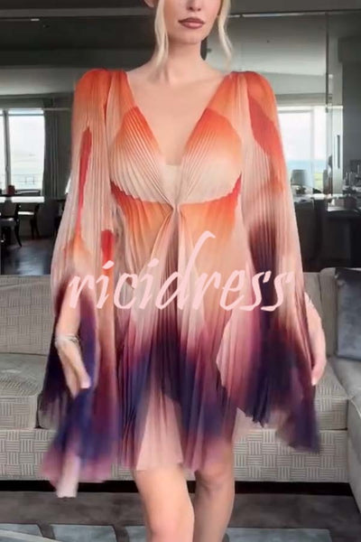 Like A Butterfly Pleated Unique Print Slit Bell Sleeve A-line Mini Dress
