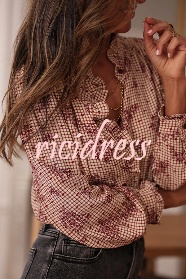 Plant Plaid Printed Long-sleeved Ruffles Casual Shirt