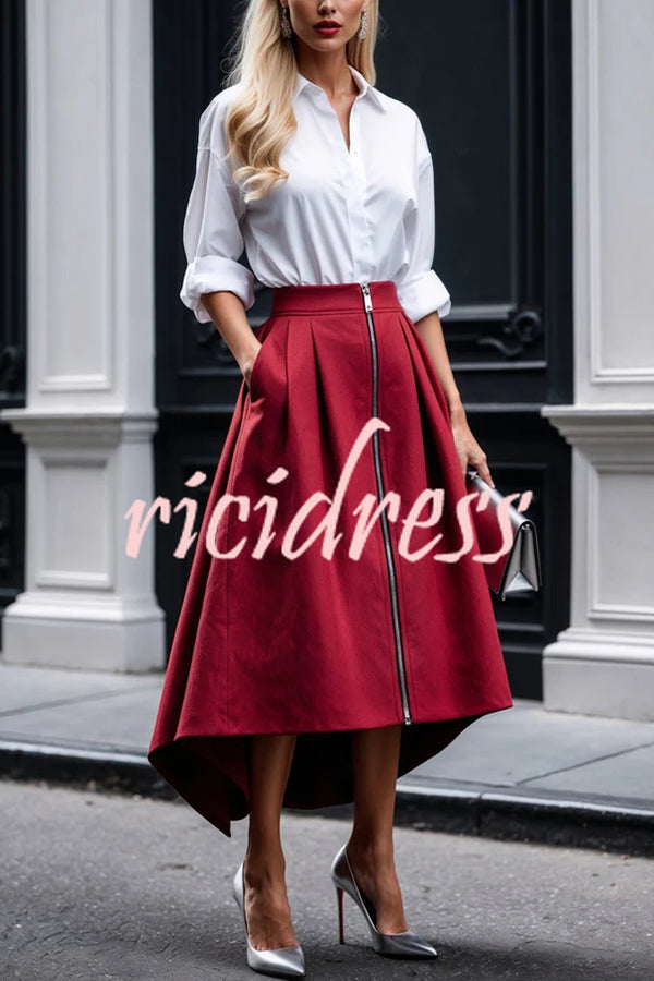Effortless Charm Front Zipper Detail Pocketed High Low Pleated Midi Skirt