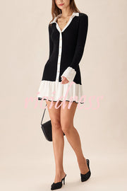Stylish Color-blocked Long-sleeved Button-decorated Knitted Mini Dress