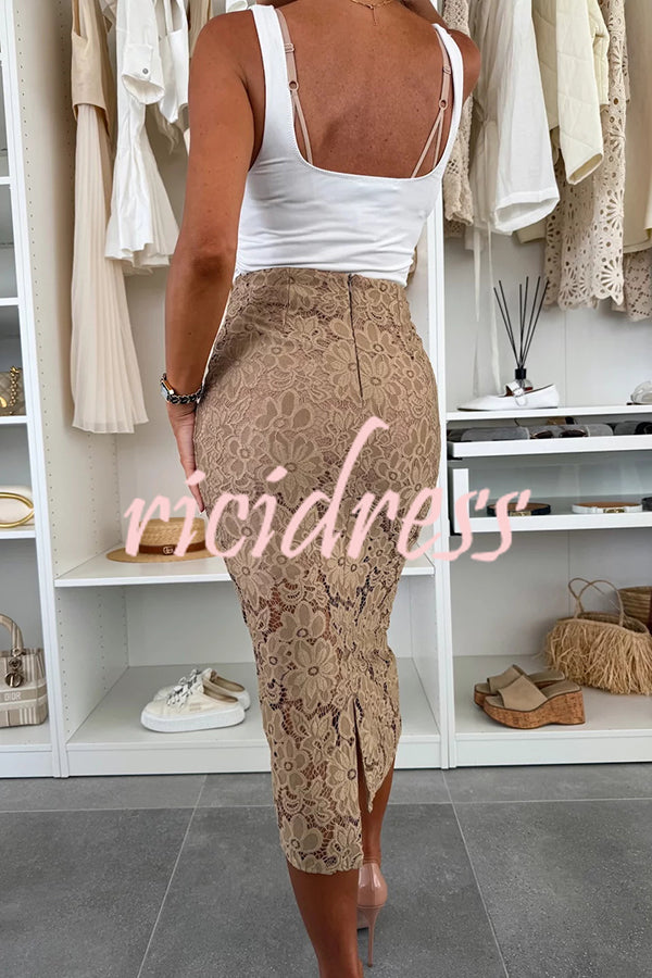 Lesia Floral Lace High Rise Slit Stretch Midi Skirt