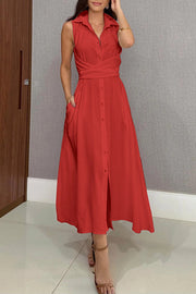 Solid Color Lapel Sleeveless Waisted Single-breasted Casual Midi Dress
