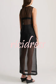 Embraces Modern Sheer Organza Pocket Oversized Tank and High Rise Slit Midi Skirt Set