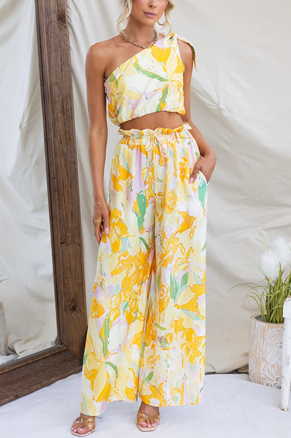 Soleila Floral Print One Shoulder Tie-up Crop Top and Elastic Waist Pocket Loose Pants Set