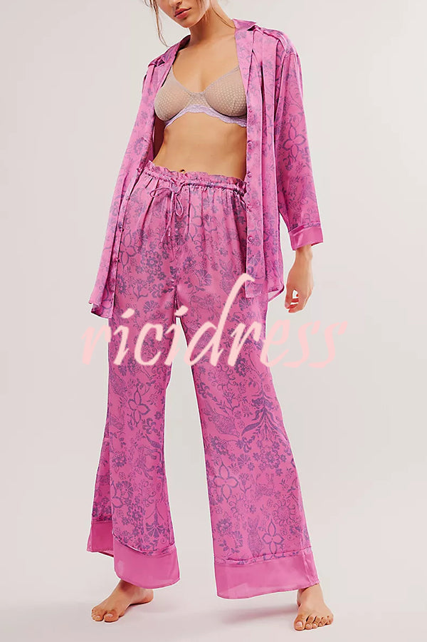 Unique Printed Lounge Long-sleeved Shirt and Elastic Waisted Baggy Pants Set