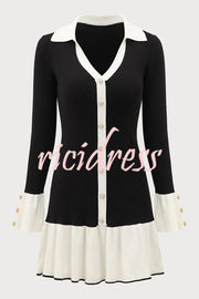 Stylish Color-blocked Long-sleeved Button-decorated Knitted Mini Dress
