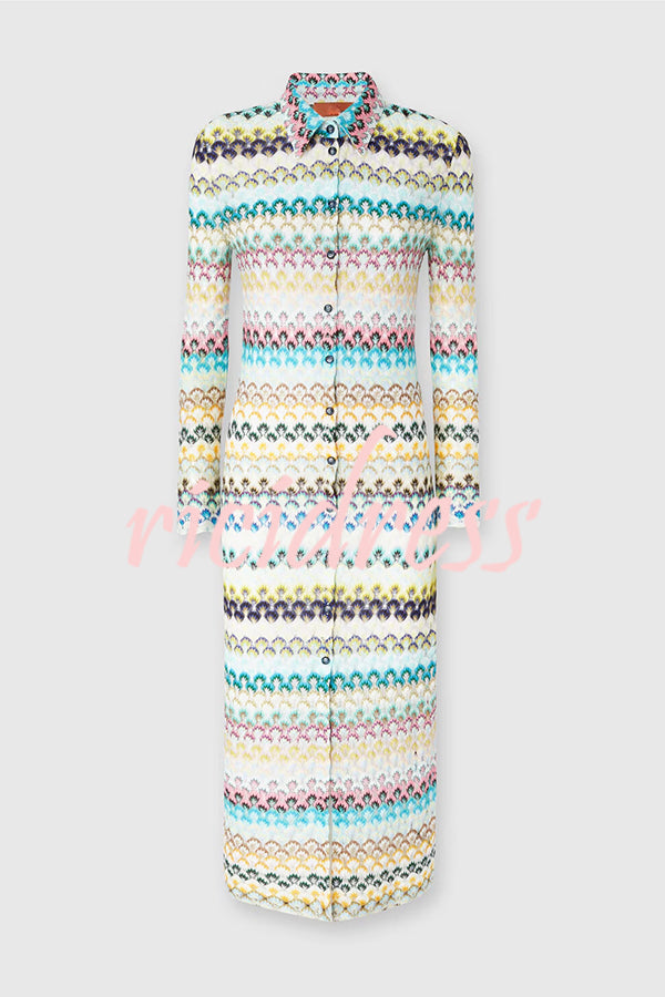 Anna Knit Colorful Herringbone Print Shirt Neck Button Long Sleeve Slim-fit Long Cardigan