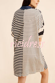 Contrast Striped Patchwork Denim Lapel Loose Casual Mini Dress