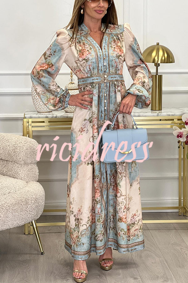 Fresh Pickings Floral Bohemian Print Balloon Sleeve Button Up Maxi Dress