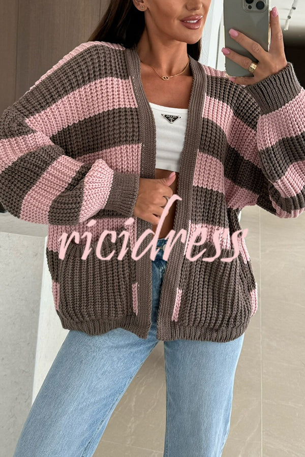 Fashionable Patchwork Striped Casual Pocket Knitted Sweater