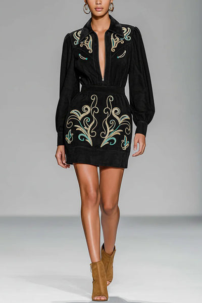 Fashionable Embroidered Floral Pattern Long-sleeved Fitted Waist Mini Dress