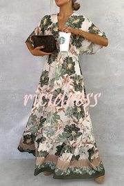 Floral Print V-neck Short Sleeve Waist Loose Full Hem Maxi Dress