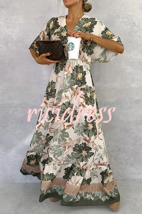 Floral Print V-neck Short Sleeve Waist Loose Full Hem Maxi Dress