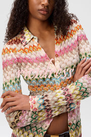 Anna Knit Colorful Herringbone Print Shirt Neck Button Long Sleeve Slim-fit Long Cardigan