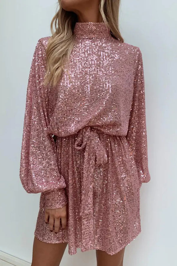 Fashionable Sequined Long-sleeved Belted Casual Mini Dress