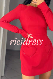 Anna Sparkling Gemstone Trim Heart Pocket Long Sleeve Mini Dress