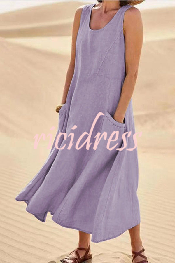 Solid Sleeveless Pocket Loose Comfort Midi Dress