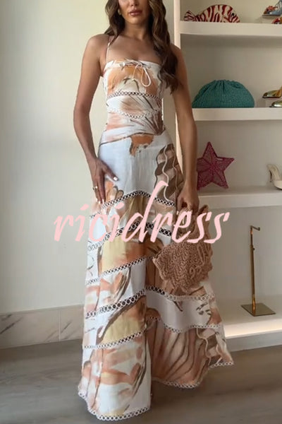 Daje Linen Blend Unique Print Round Hollow Trim Tie-up Bust Slip Maxi Dress