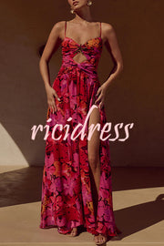 Resort Style Printed Starfish Brooch Cutout Ruched Slit Maxi Dress