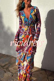 Colorful Day Unique Print Bell Sleeve Cutout Waist Layered Maxi Dress