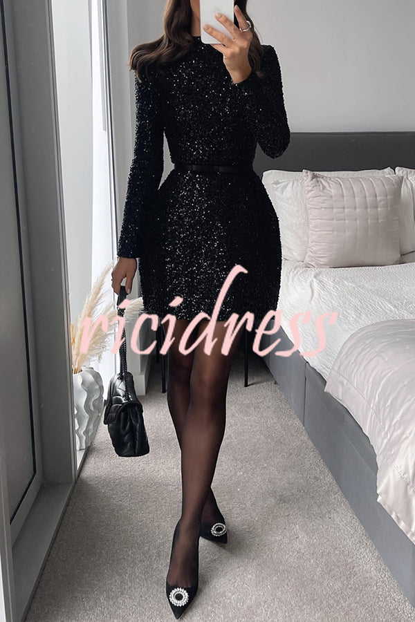 Edie Sequin High Neck Long Sleeve Satin Bow Belted Tulip Mini Dress
