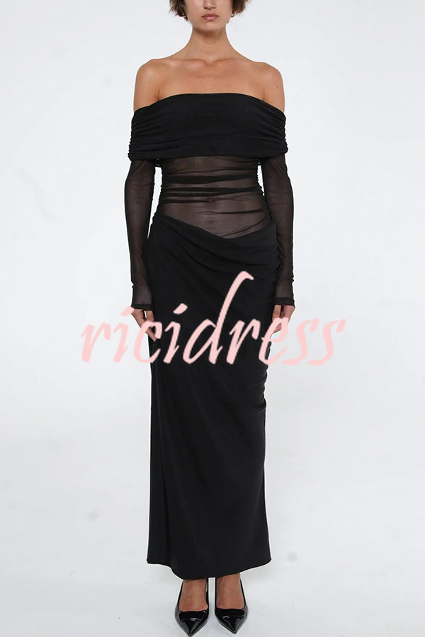 Exquisite Sexy Mesh Patchwork Off Shoulder Cutout Ruched Maxi Dress