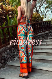 Ethnic Style Unique Print Tube Top and Elastic Waist Casual Pocket Wide Leg Pants Set