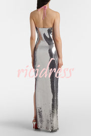 Moonlit Blooms Sequin Floral-appliqué Halter Neck Slit Gown Maxi Dress