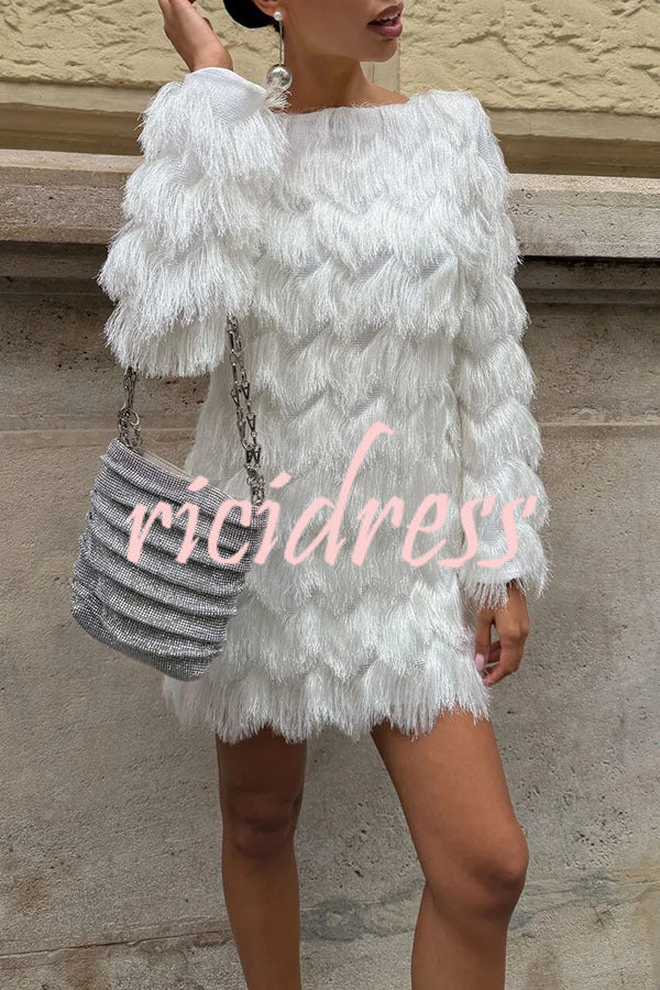 Swaying in The Wind Layered Tassels Wide Neck Long Sleeve H-line Mini Dress