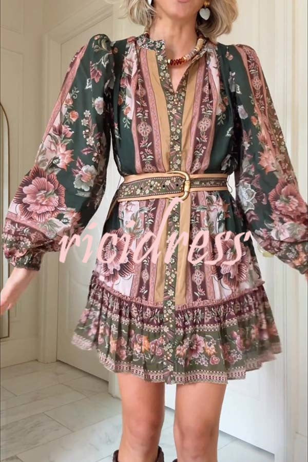 Brazilian Style Unique Floral Print Puff Sleeve Belted Pleated Hem Mini Dress