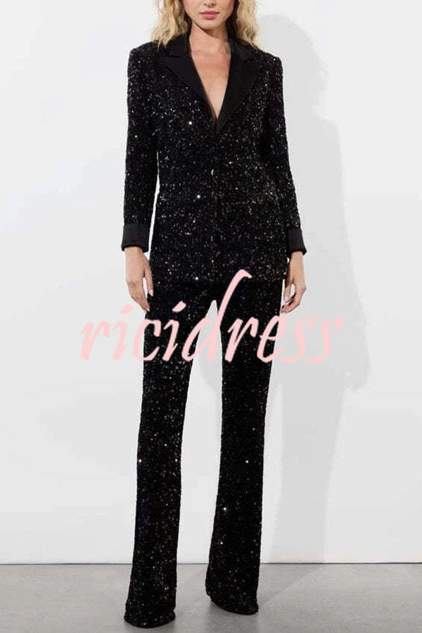 Sparkle Season Sequin Satin Long Sleeve Lapel Formal Party Blazer