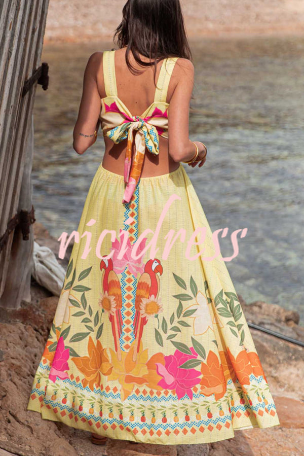 Resort Style Unique Print Sexy Square Neck Backless Waist Maxi Dress