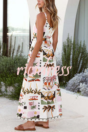 Unique Beach Vacation Print V-neck Suspenders Casual Wide-leg Jumpsuit