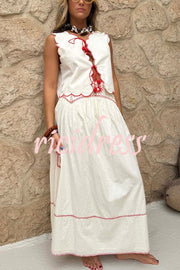 Sunny Day Linen Blend Contrast Embroidered Print Smocked Waist A-line Maxi Skirt
