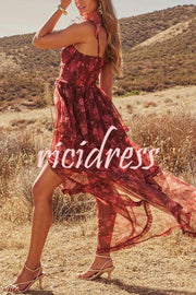 Romantic and Elegant Mesh Floral Back Smocked Tiered Ruffle Maxi Dress