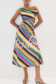 Sunkissed Satin Colourful Stripe Print One Shoulder Midi Dress