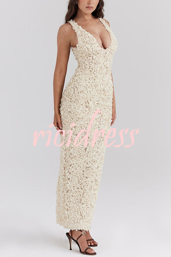 Three-dimensional Flower Sexy V-neck Slim Maxi Dress
