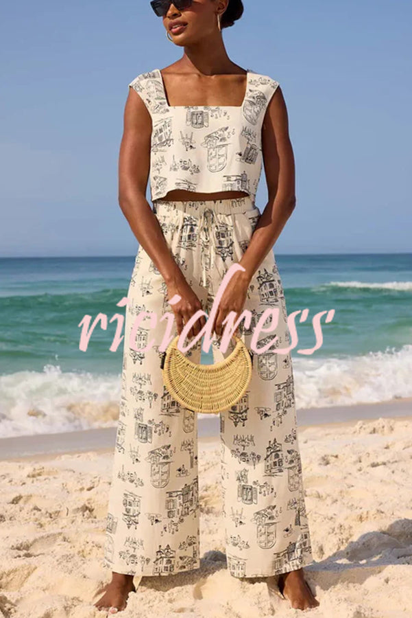 Maeve Linen Blend Unique Print Square Neck Tank and Elastic Waist Pocket Loose Pants Set