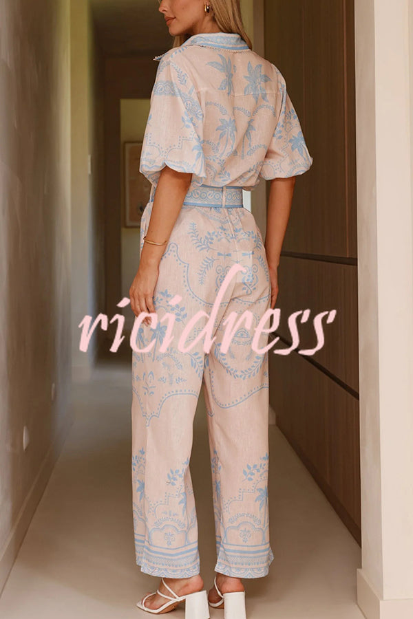 Linen Blend Lapel Puff Sleeve Loose Shirt and Casual Pocket Straight Pants Set