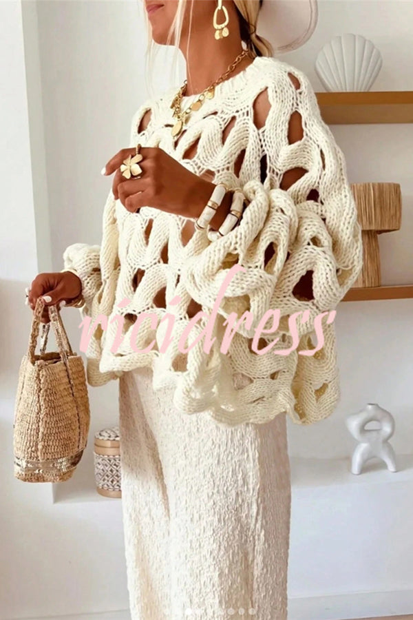 Solid Color Casual Hollow Long-sleeved Holiday Knitted Sweater