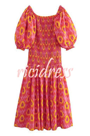 Venita Unique Printed Off Shoulder Balloon Sleeve Smocked Midi Dress