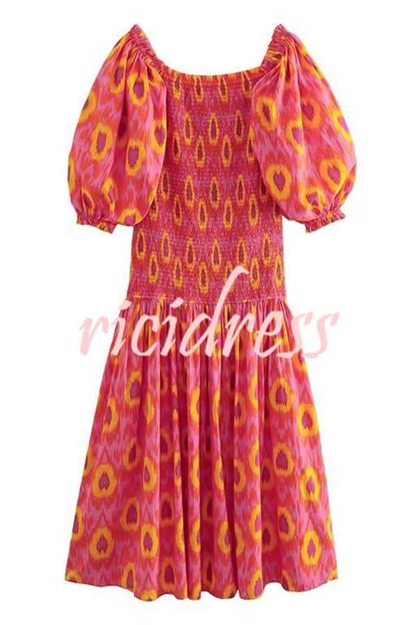 Venita Unique Printed Off Shoulder Balloon Sleeve Smocked Midi Dress