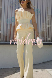 Every Occasion Crepe Panel Ruffles Strapless Top and High Rise Pocketed Flare Pants Set