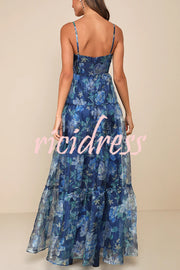 Exclusive Glamour Organza Floral Print Tiered Slip Maxi Dress