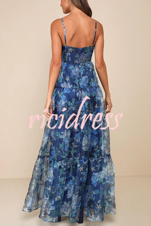 Exclusive Glamour Organza Floral Print Tiered Slip Maxi Dress