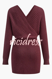 Solid Color Crossover V-neck Long-sleeved Fitted Waist Knit Mini Dress